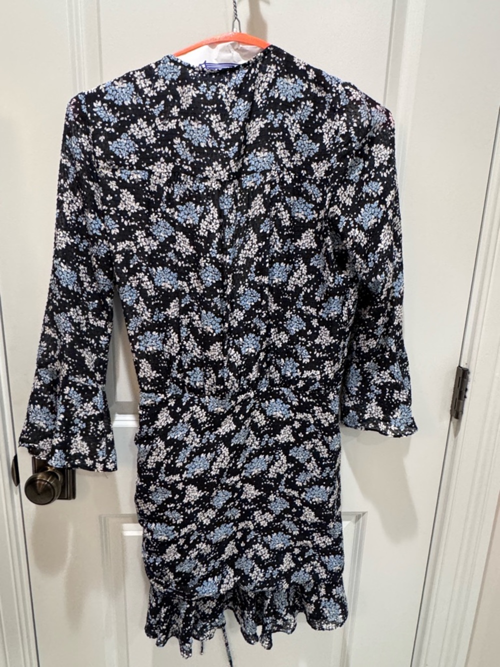 Veronica Beard Black Floral Ruched Mini Dress with Blue and White Flowers - Picture 2 of 2